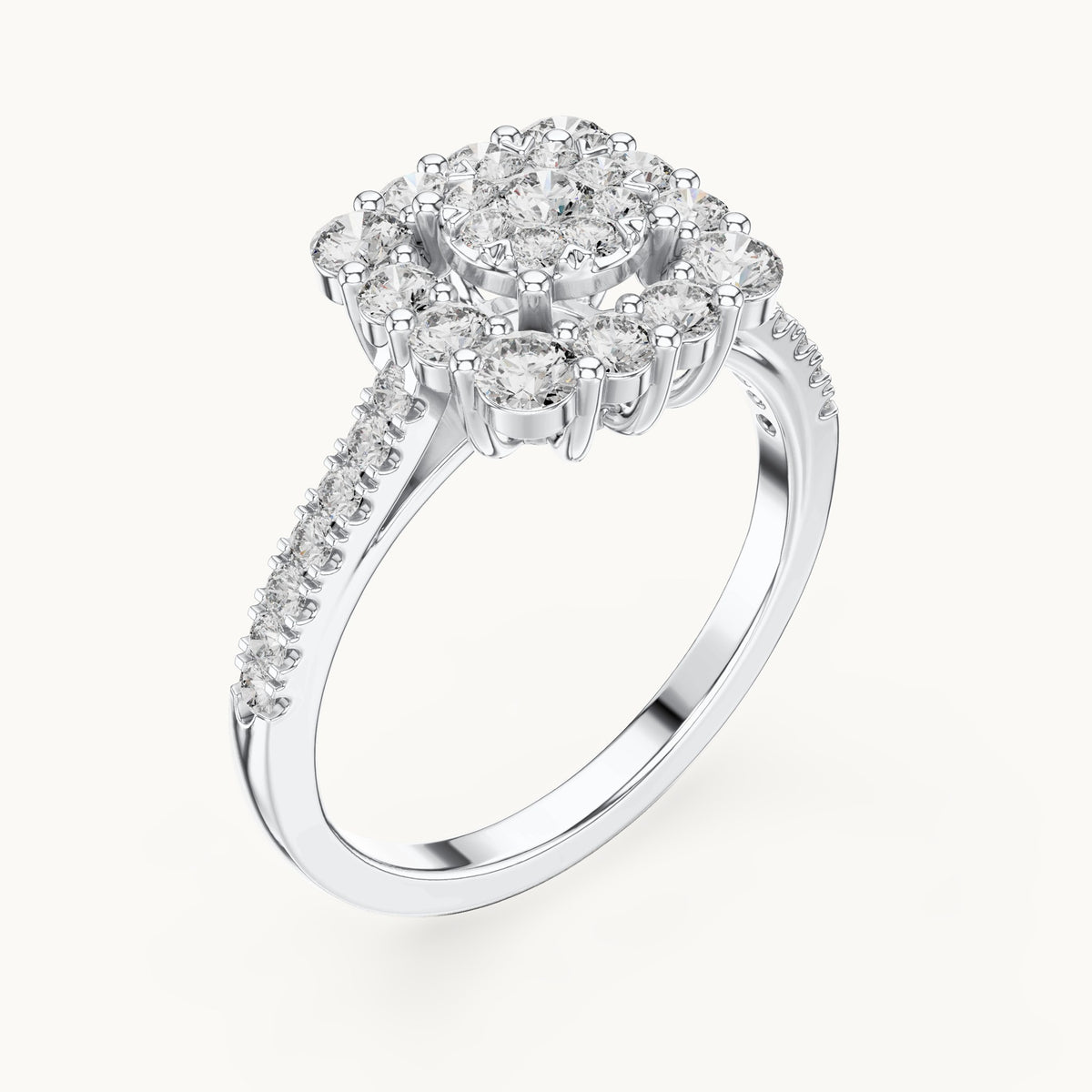Round lab-grown diamond cushion halo cluster ring in white gold, 0.874 CT TW, view 2