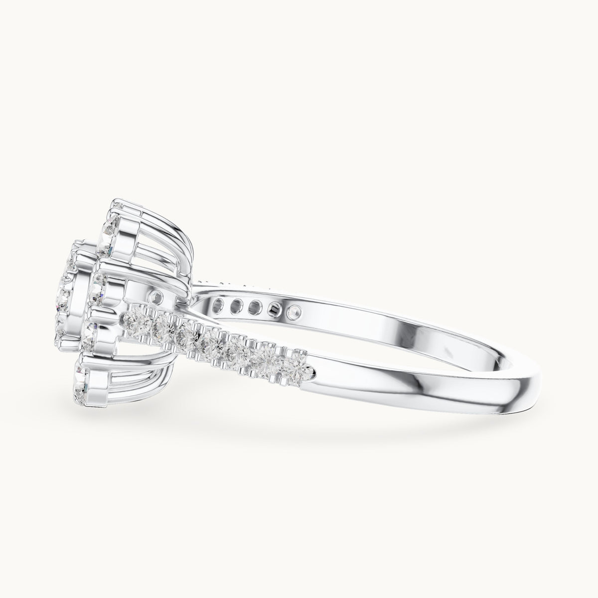 Round lab-grown diamond cushion halo cluster ring in white gold, 0.874 CT TW, view 3