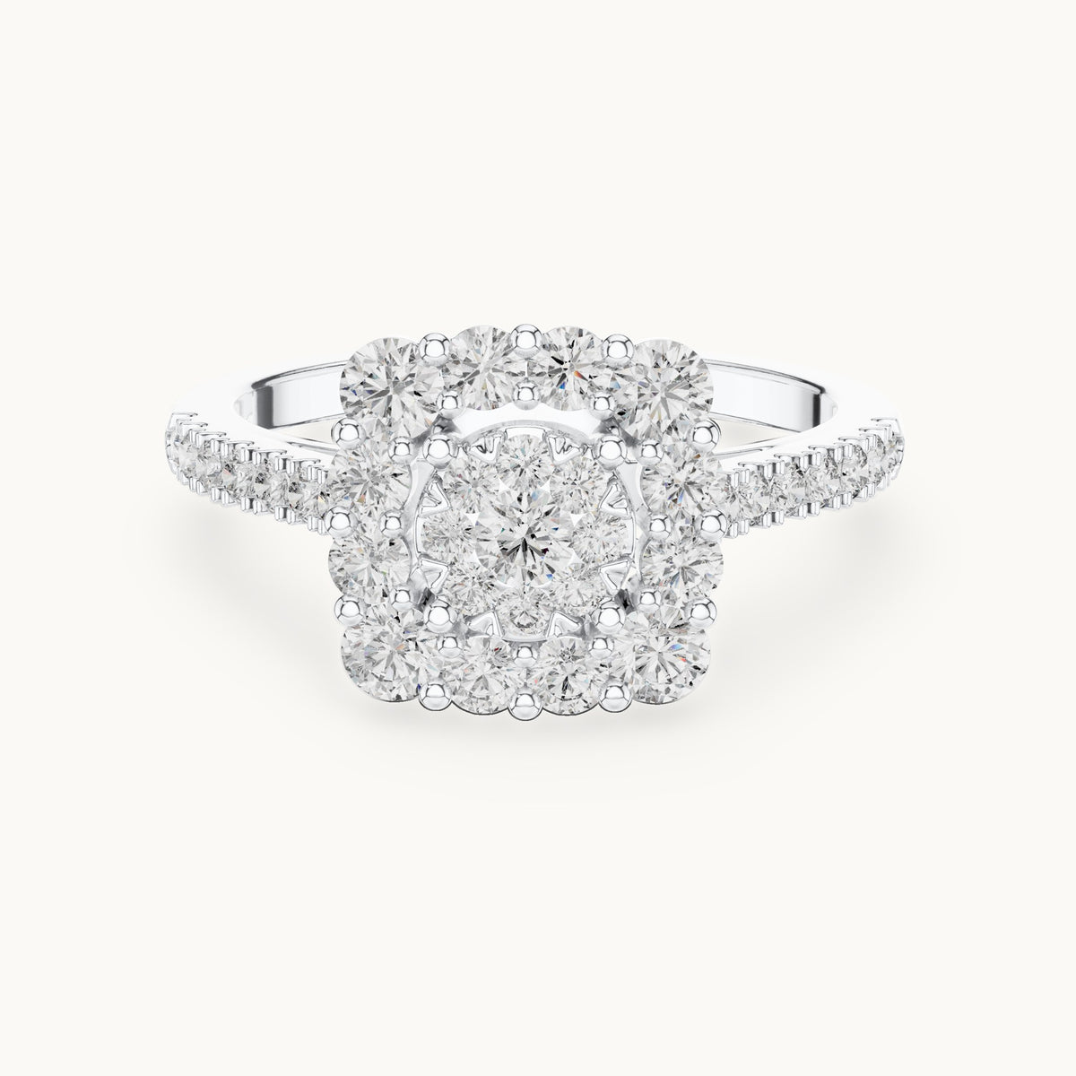 Round lab-grown diamond cushion halo cluster ring in white gold, 0.874 CT TW, view 4