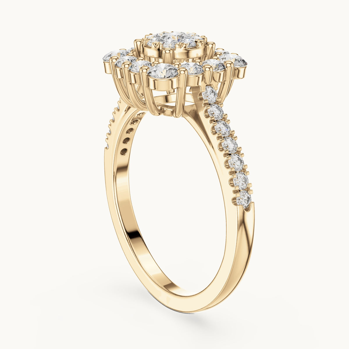 Round lab-grown diamond cushion halo cluster ring in yellow gold, 0.874 CT TW, view 1