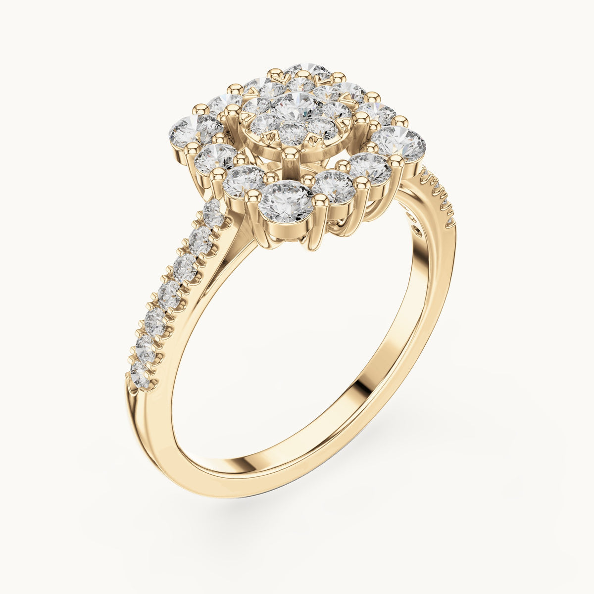 Round lab-grown diamond cushion halo cluster ring in yellow gold, 0.874 CT TW, view 2