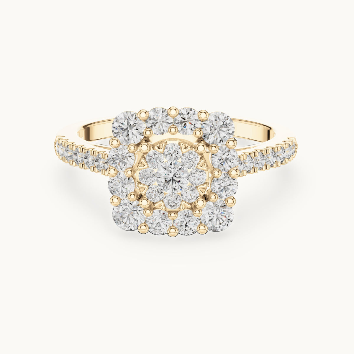 Round lab-grown diamond cushion halo cluster ring in yellow gold, 0.874 CT TW, view 4