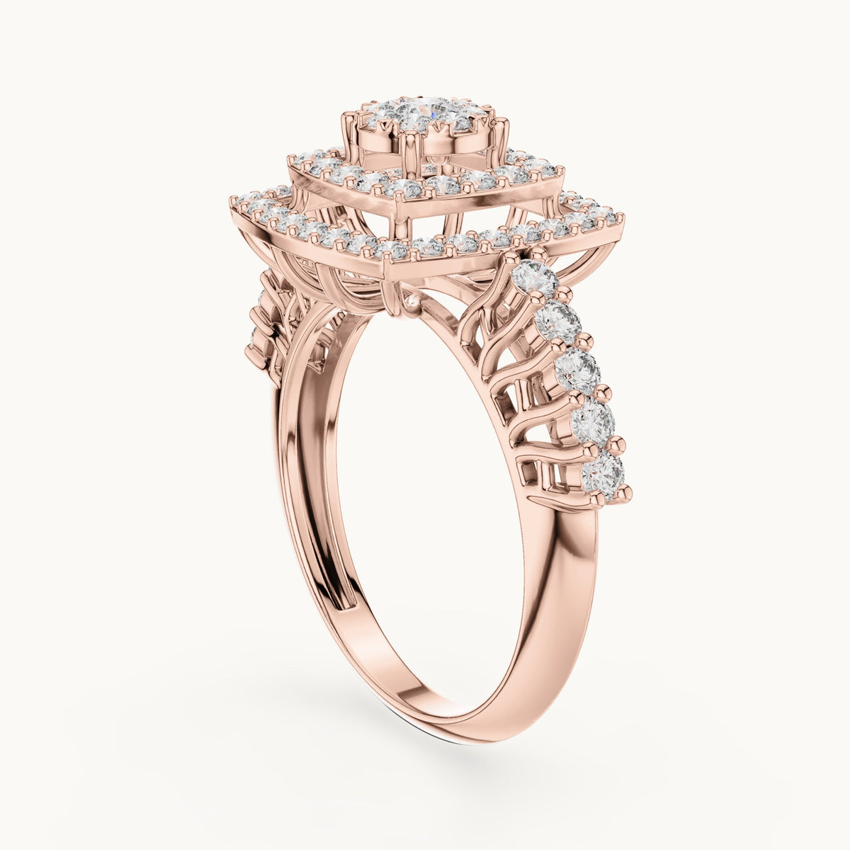 Round lab-grown diamond cushion double halo cluster ring in rose gold, 0.888 CT TW, view 1