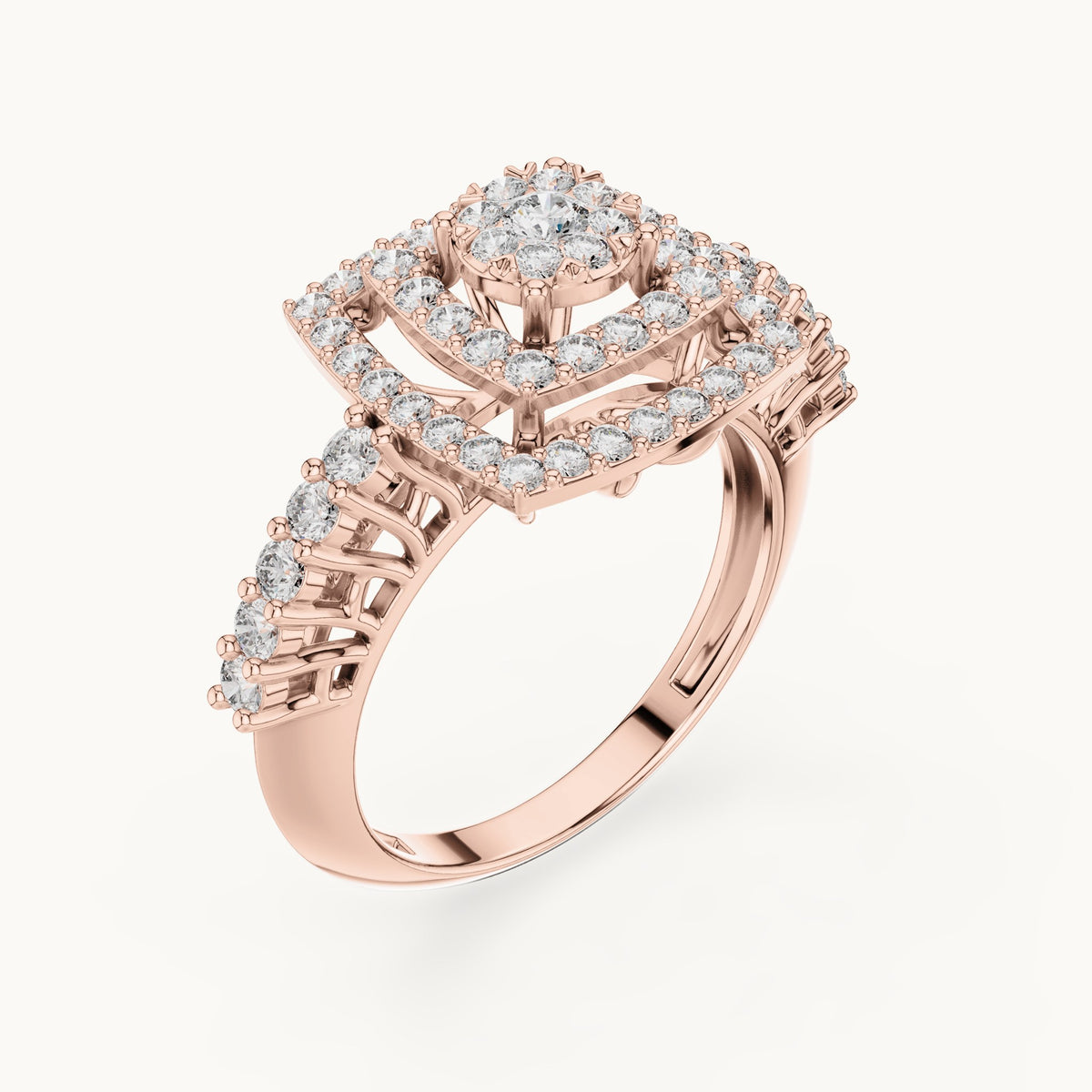 Round lab-grown diamond cushion double halo cluster ring in rose gold, 0.888 CT TW, view 2