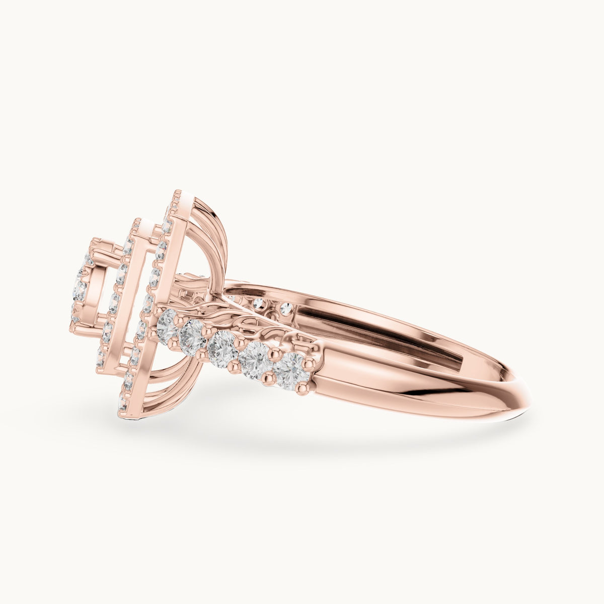 Round lab-grown diamond cushion double halo cluster ring in rose gold, 0.888 CT TW, view 3