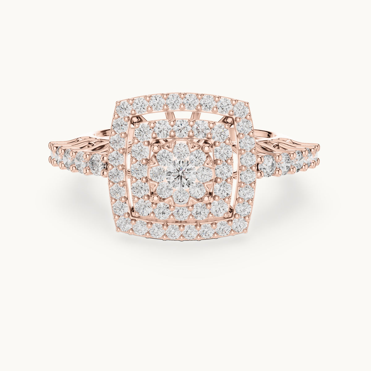 Round lab-grown diamond cushion double halo cluster ring in rose gold, 0.888 CT TW, view 4