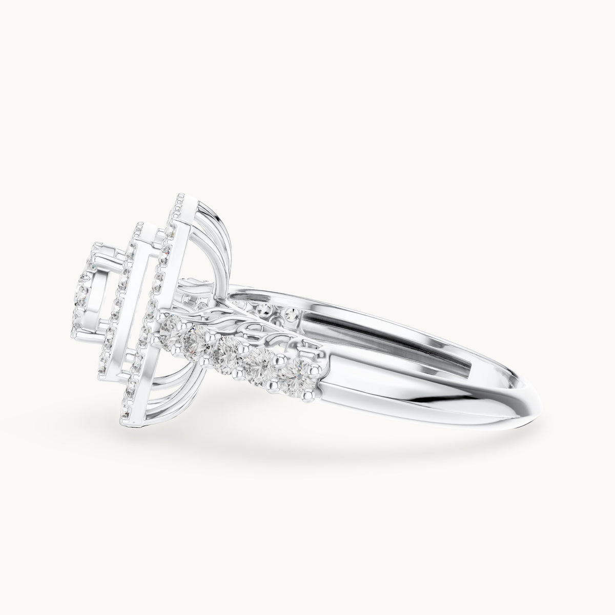 Round lab-grown diamond cushion double halo cluster ring in white gold, 0.888 CT TW, view 3
