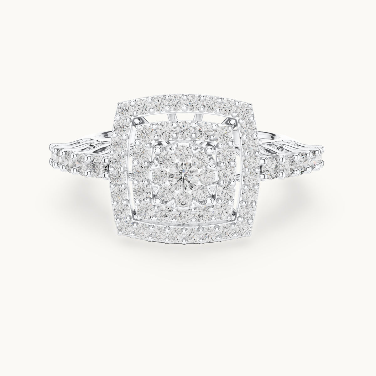 Round lab-grown diamond cushion double halo cluster ring in white gold, 0.888 CT TW, view 4
