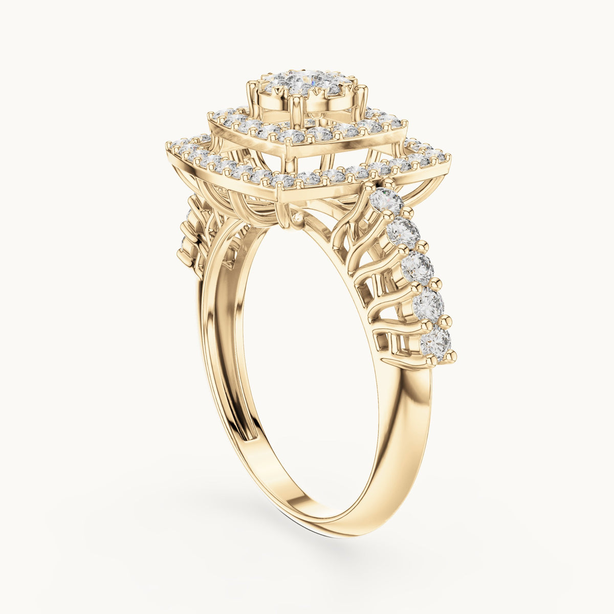 Round lab-grown diamond cushion double halo cluster ring in yellow gold, 0.888 CT TW, view 1
