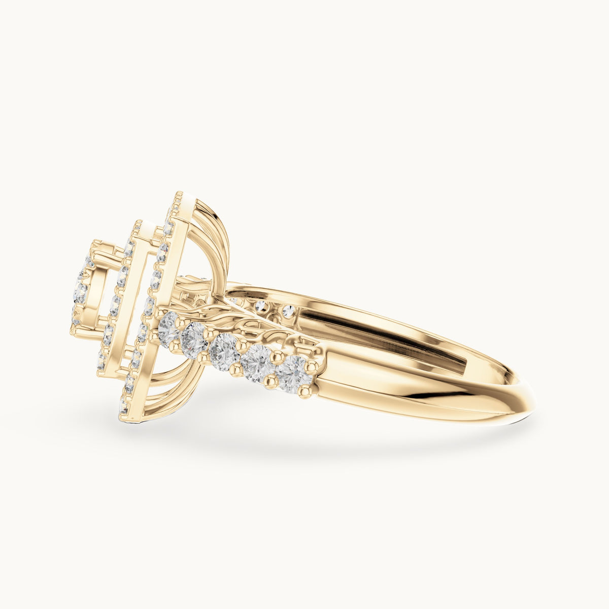 Round lab-grown diamond cushion double halo cluster ring in yellow gold, 0.888 CT TW, view 3
