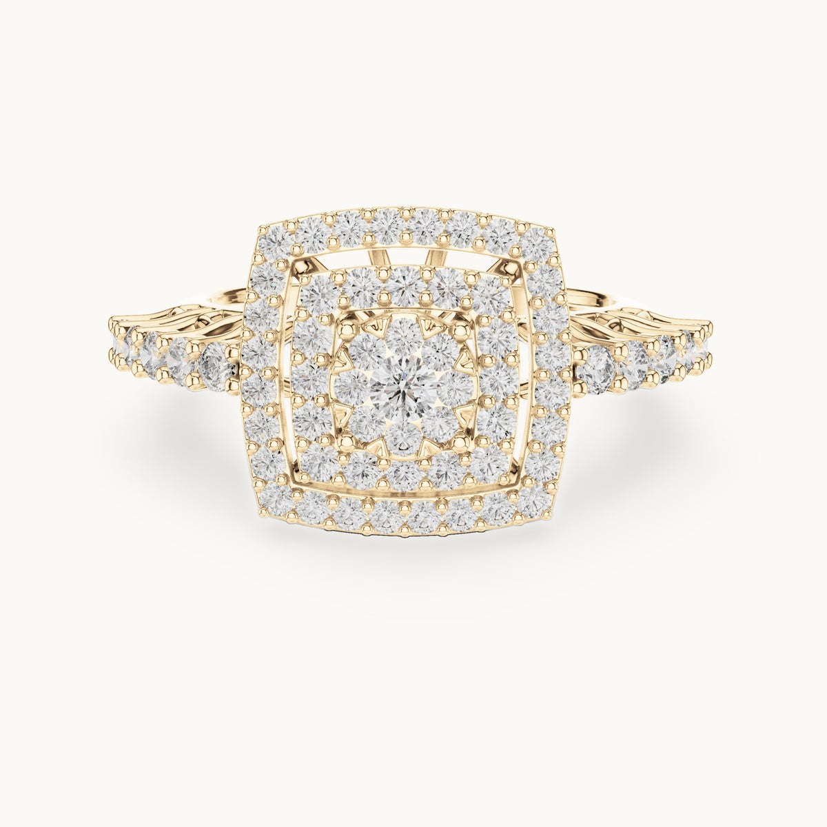 Round lab-grown diamond cushion double halo cluster ring in yellow gold, 0.888 CT TW, view 4