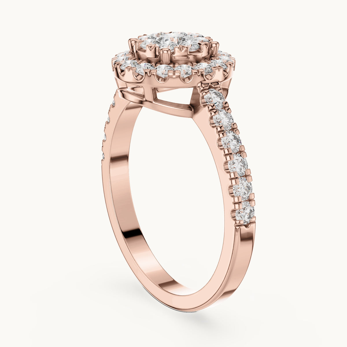 Round lab-grown diamond double halo cluster ring in rose gold, 0.744 CT TW, view 1