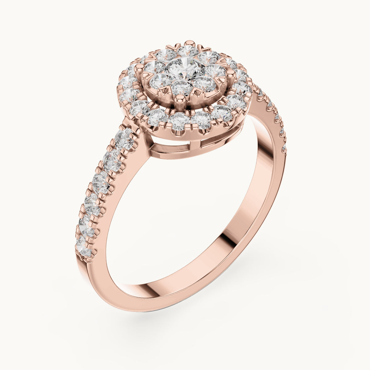 Round lab-grown diamond double halo cluster ring in rose gold, 0.744 CT TW, view 2