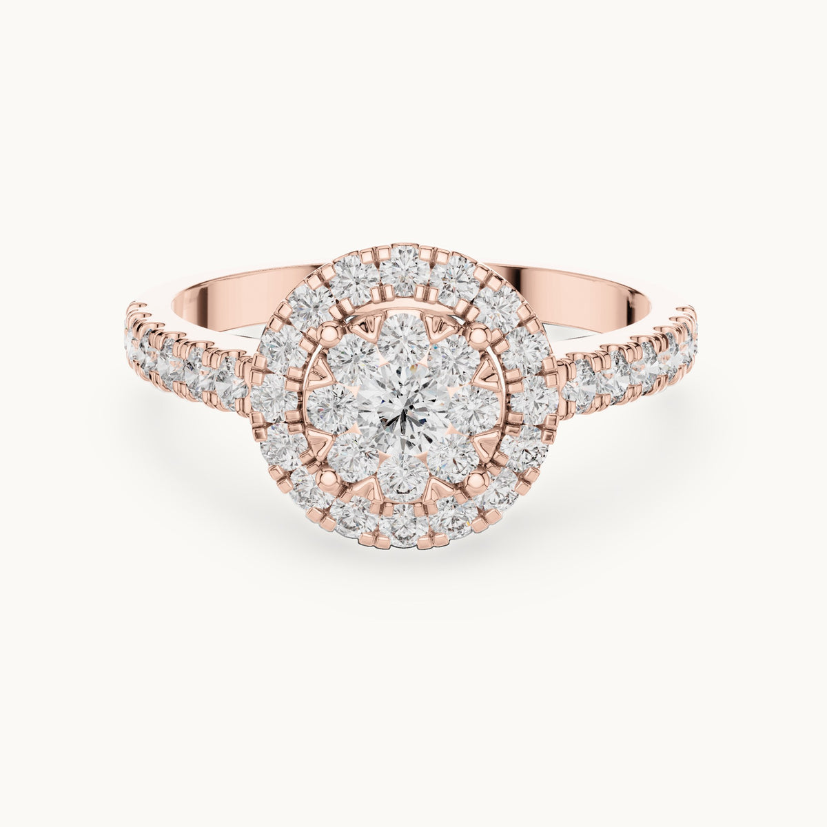 Round lab-grown diamond double halo cluster ring in rose gold, 0.744 CT TW, view 4