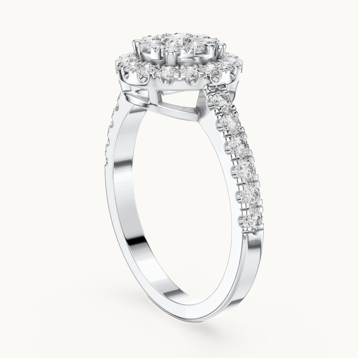 Round lab-grown diamond double halo cluster ring in white gold, 0.744 CT TW, view 1