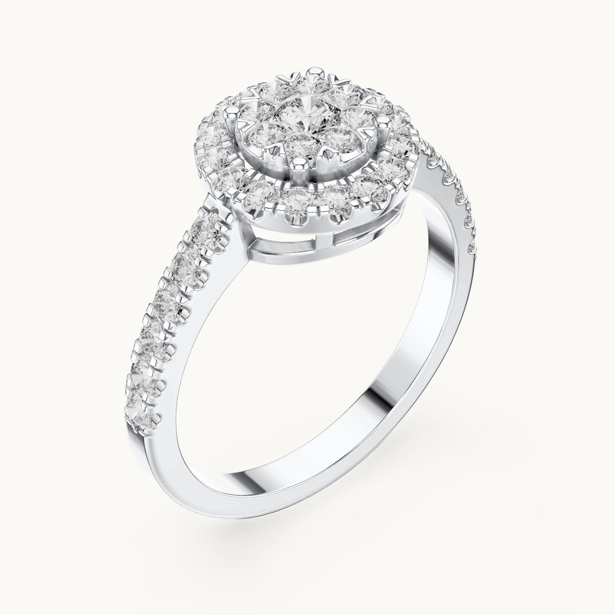 Round lab-grown diamond double halo cluster ring in white gold, 0.744 CT TW, view 2
