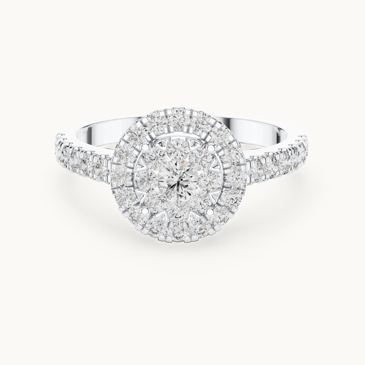 Round lab-grown diamond double halo cluster ring in white gold, 0.744 CT TW, view 4