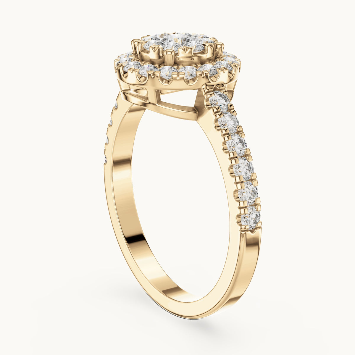 Round lab-grown diamond double halo cluster ring in yellow gold, 0.744 CT TW, view 1
