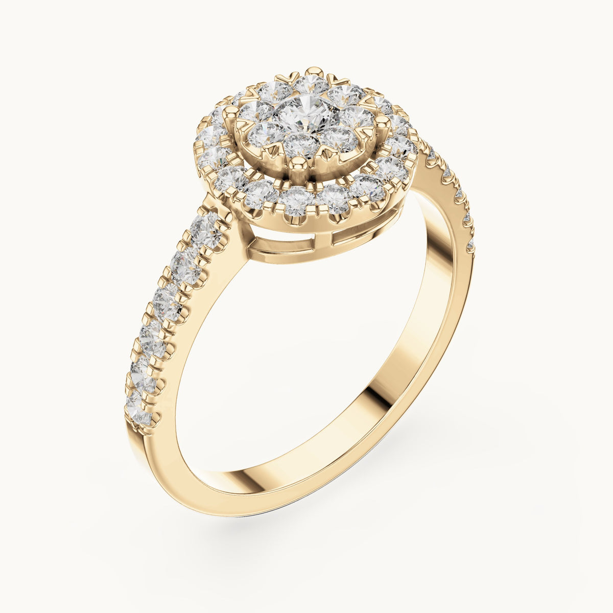 Round lab-grown diamond double halo cluster ring in yellow gold, 0.744 CT TW, view 2