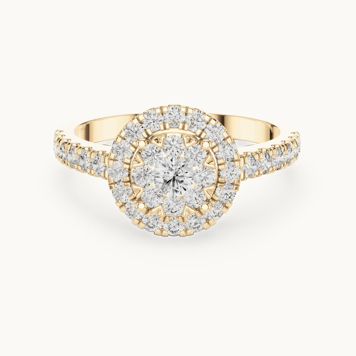 Round lab-grown diamond double halo cluster ring in yellow gold, 0.744 CT TW, view 4