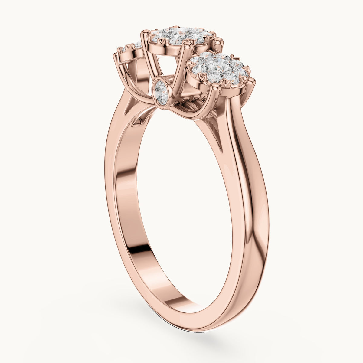 Round lab-grown diamond three-cluster ring in rose gold, 0.496 CT TW, view 1