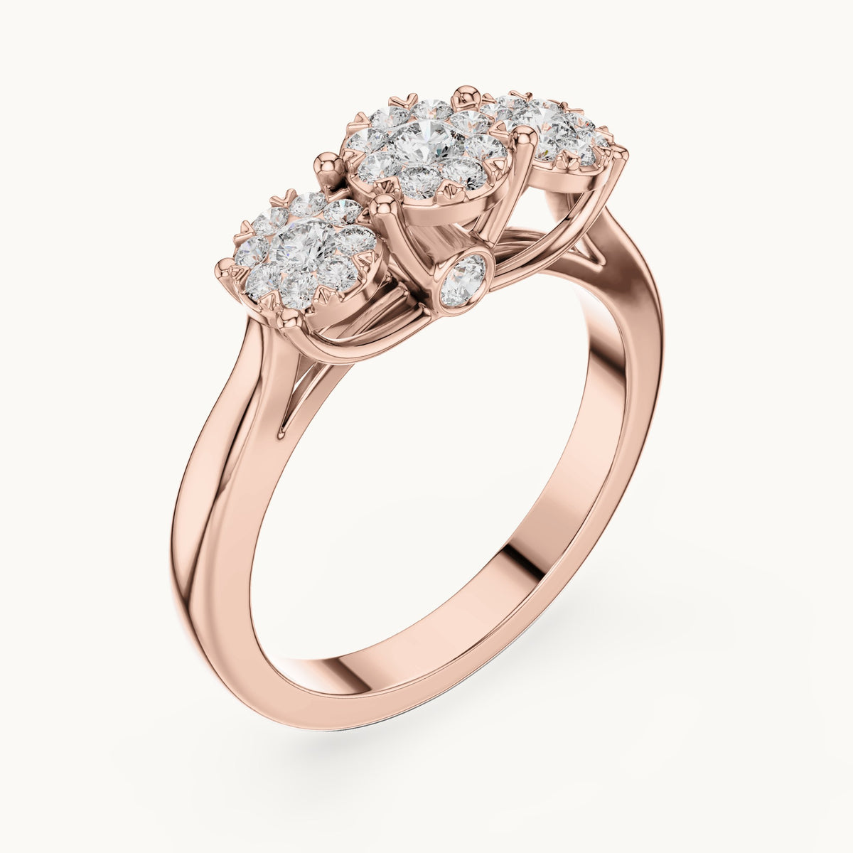 Round lab-grown diamond three-cluster ring in rose gold, 0.496 CT TW, view 2