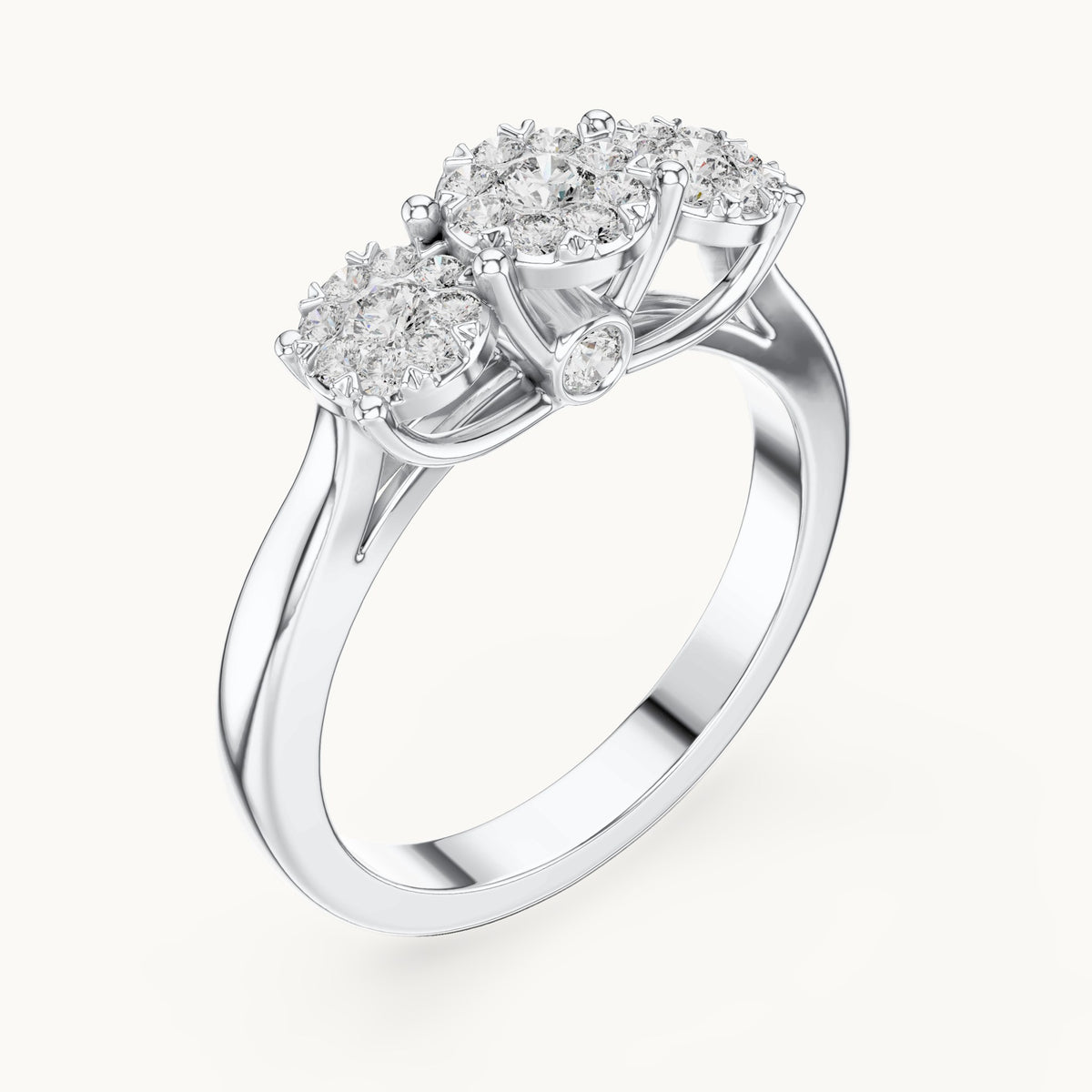 Round lab-grown diamond three-cluster ring in white gold, 0.496 CT TW, view 2