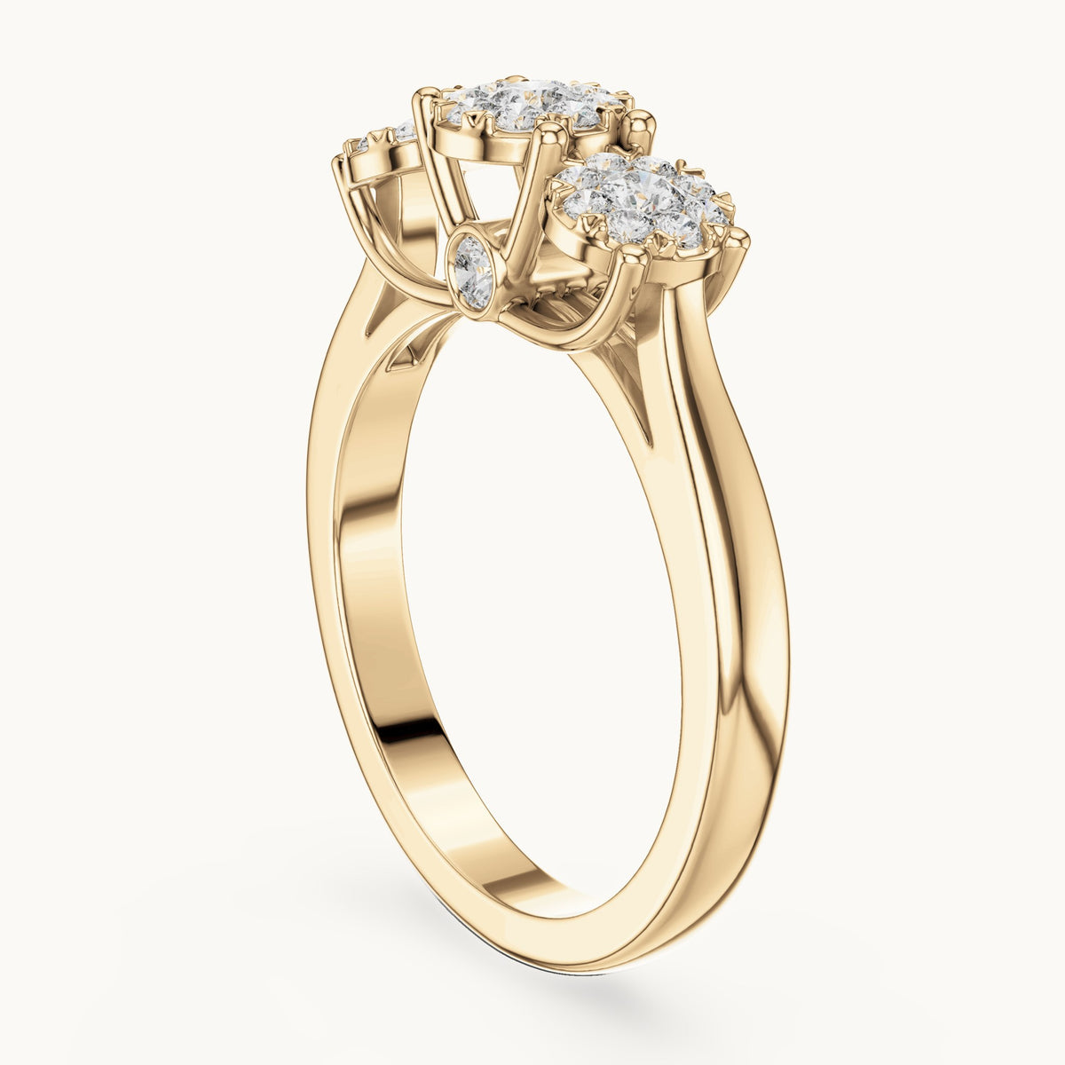Round lab-grown diamond three-cluster ring in yellow gold, 0.496 CT TW, view 1