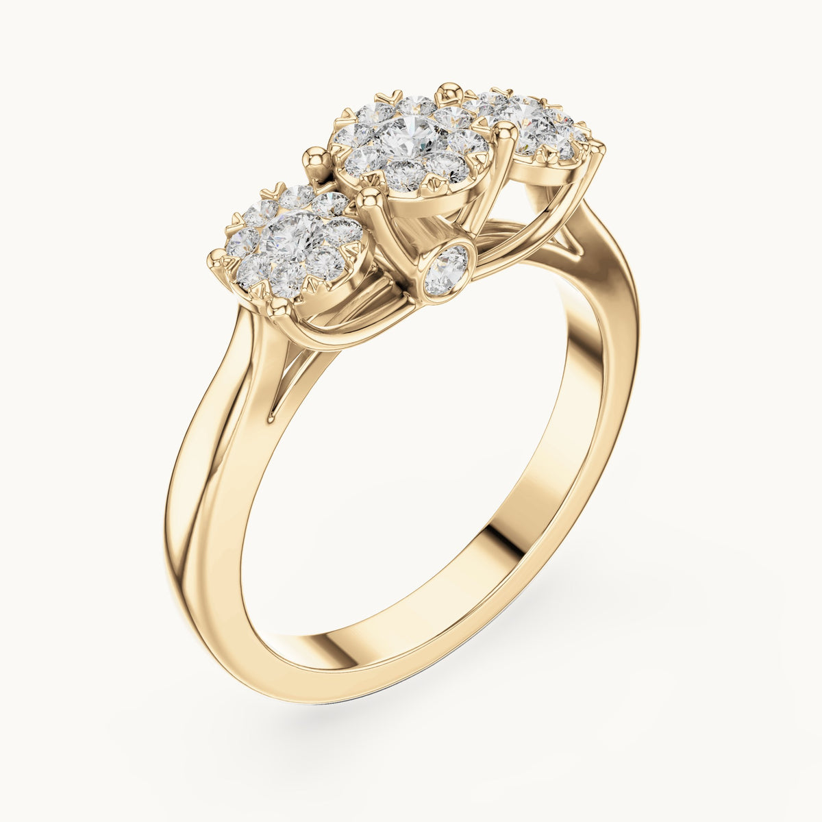 Round lab-grown diamond three-cluster ring in yellow gold, 0.496 CT TW, view 2