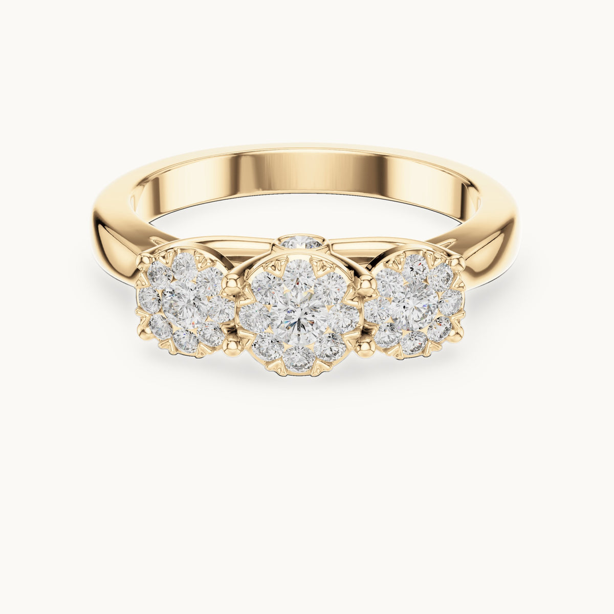Round lab-grown diamond three-cluster ring in yellow gold, 0.496 CT TW, view 4
