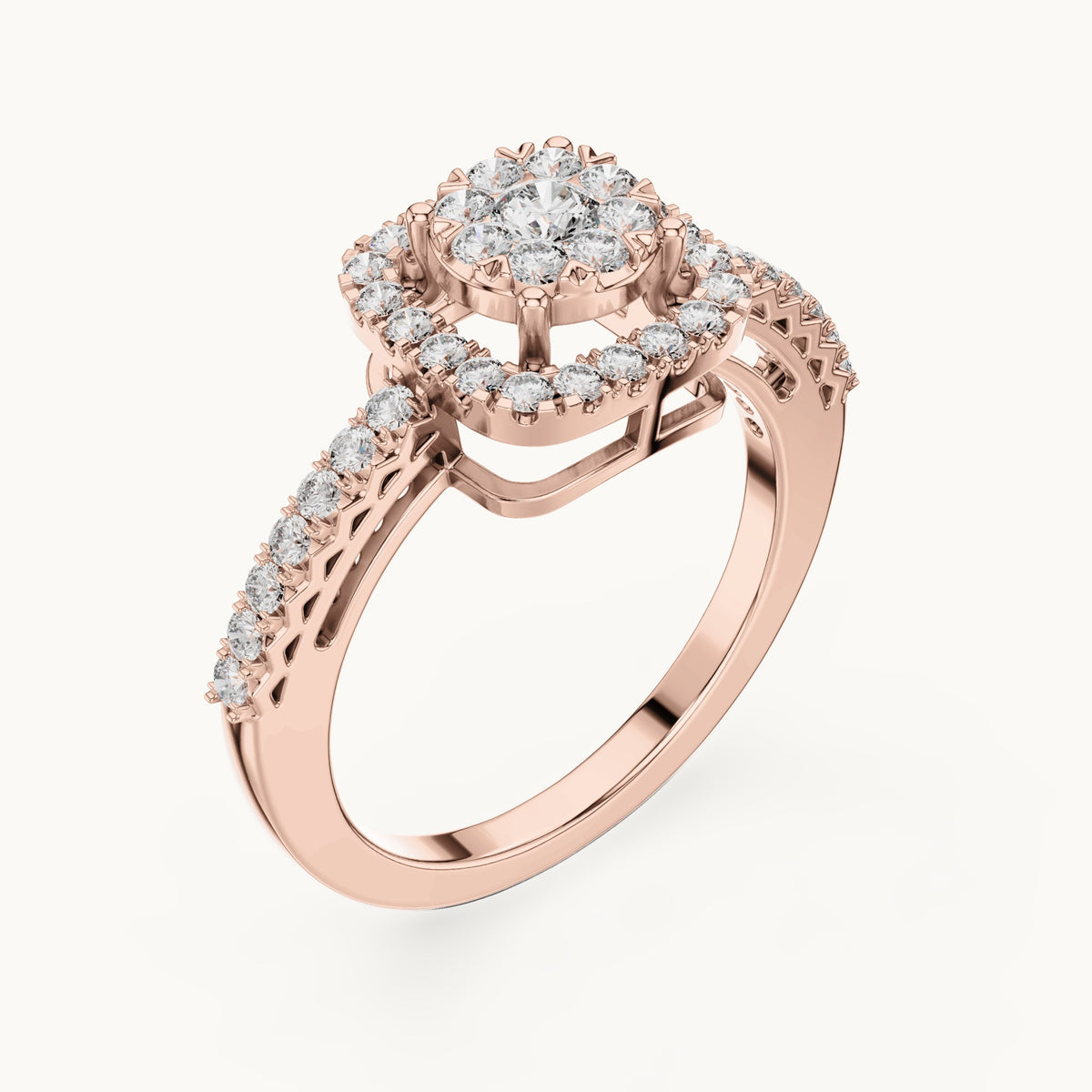 Round lab-grown diamond cushion halo cluster ring in rose gold, 0.632 CT TW, view 2