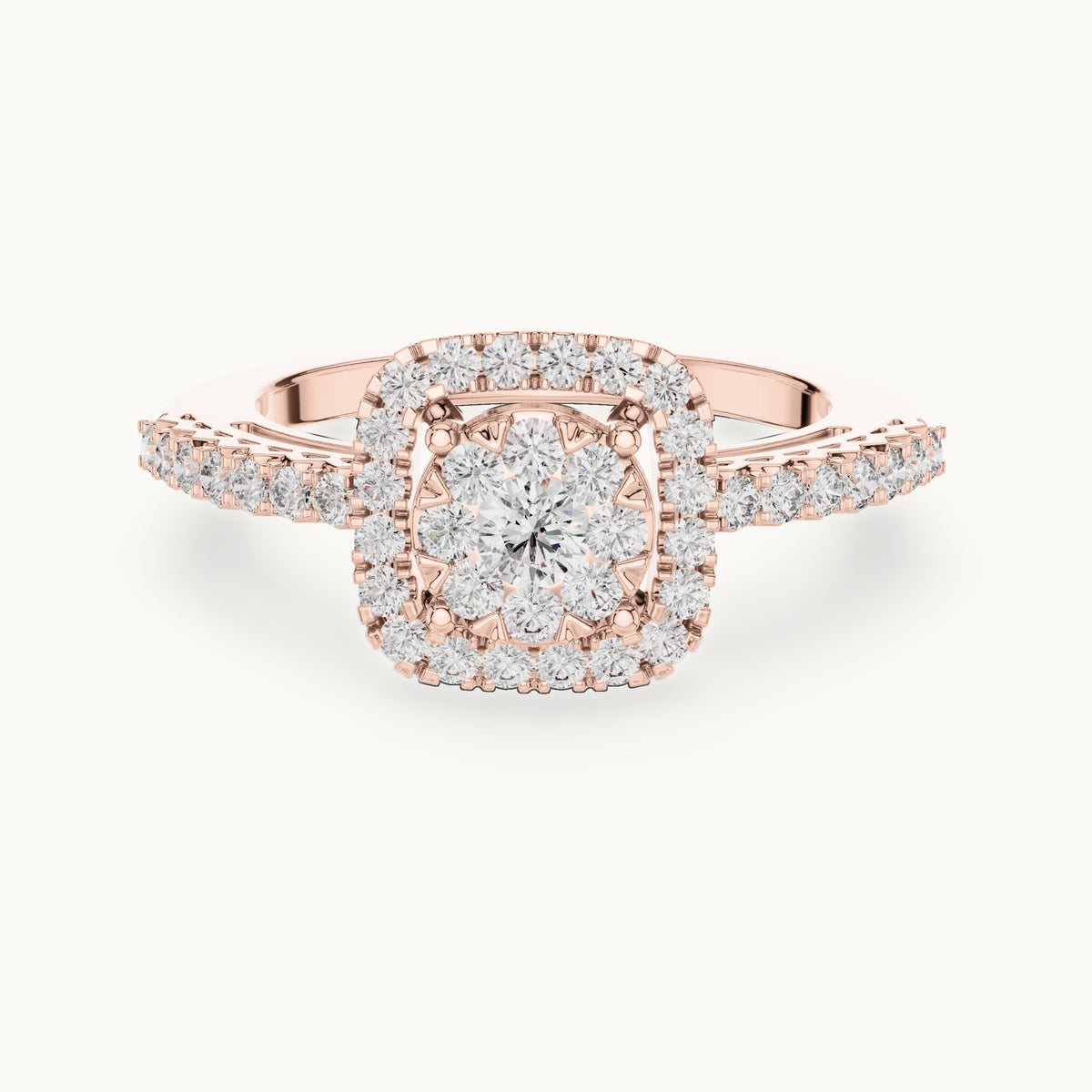 Round lab-grown diamond cushion halo cluster ring in rose gold, 0.632 CT TW, view 4