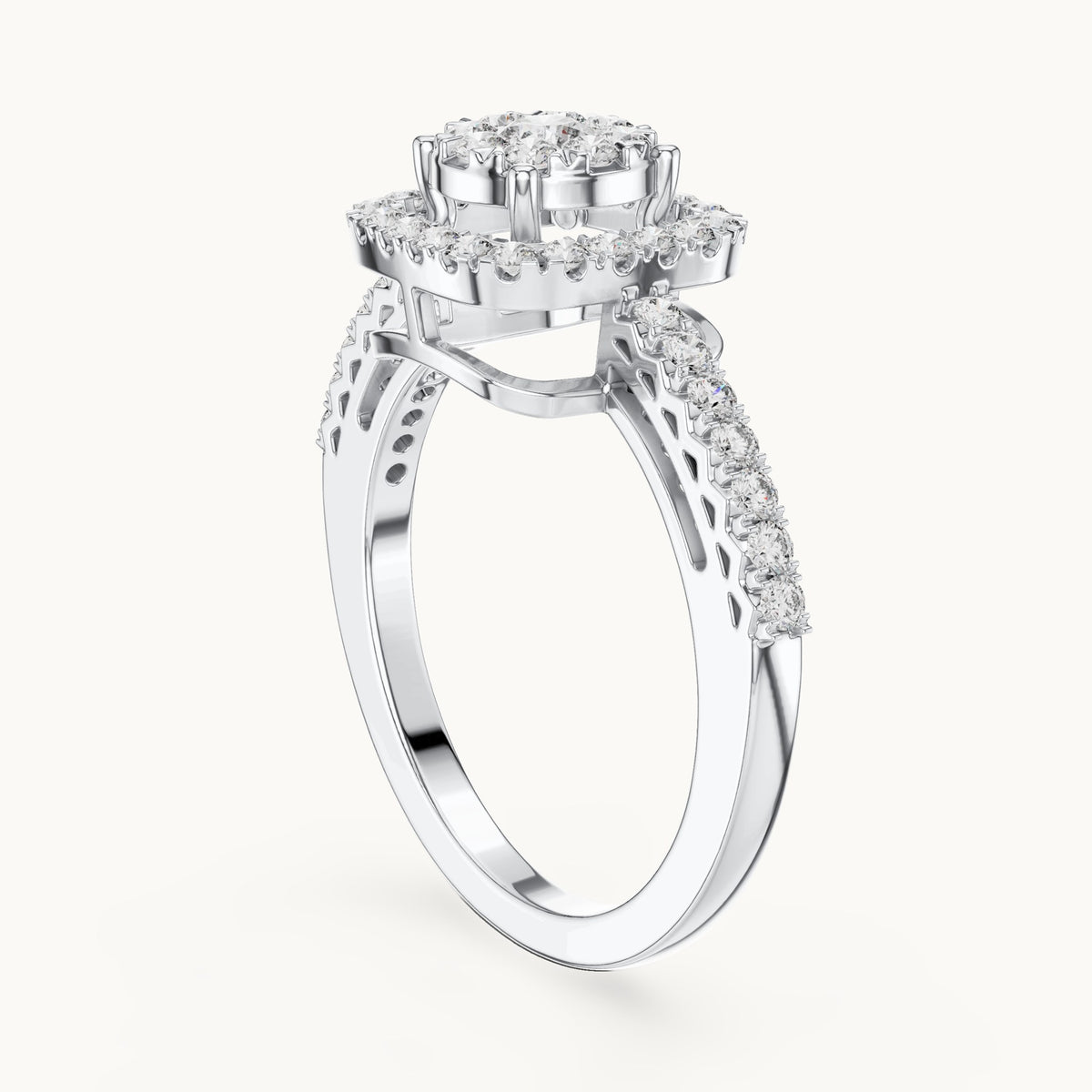 Round lab-grown diamond cushion halo cluster ring in white gold, 0.632 CT TW, view 1