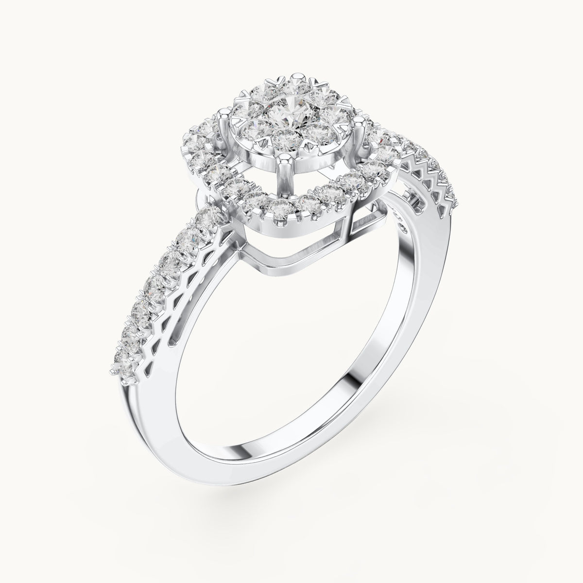 Round lab-grown diamond cushion halo cluster ring in white gold, 0.632 CT TW, view 2
