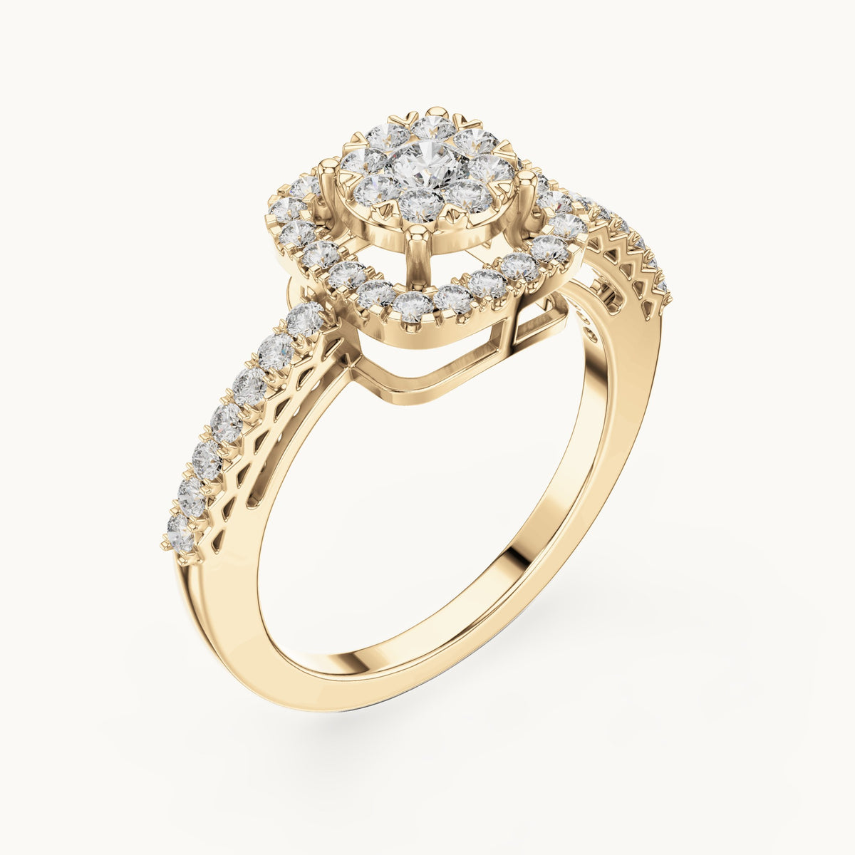 Round lab-grown diamond cushion halo cluster ring in yellow gold, 0.632 CT TW, view 2