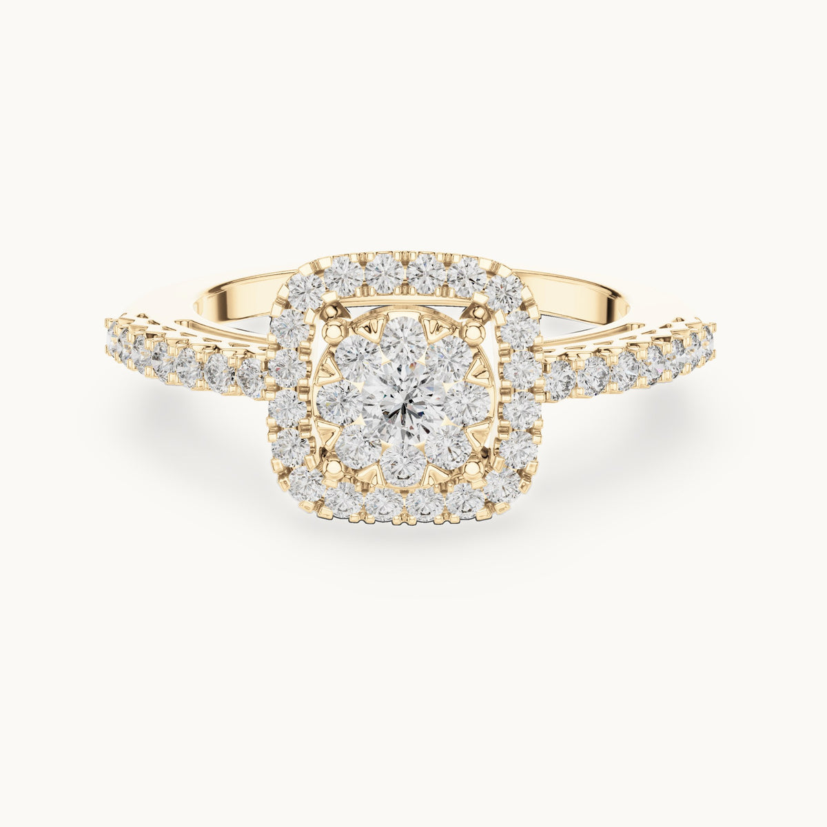 Round lab-grown diamond cushion halo cluster ring in yellow gold, 0.632 CT TW, view 4