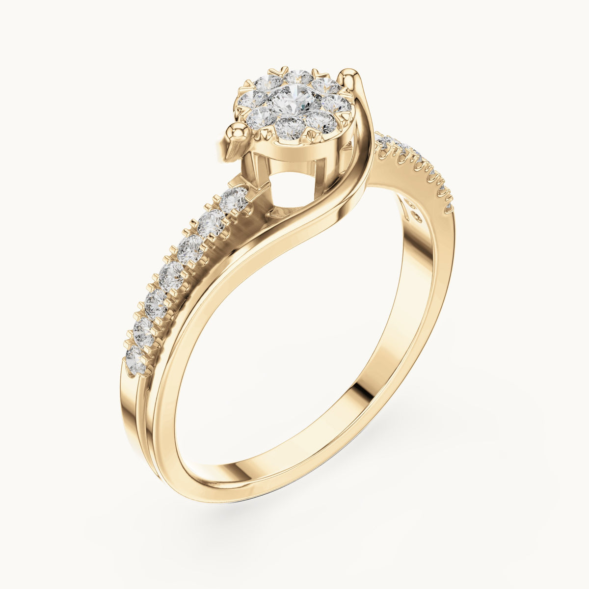 Round lab-grown diamond cluster swirl ring in yellow gold, 0.334 CT TW, view 2