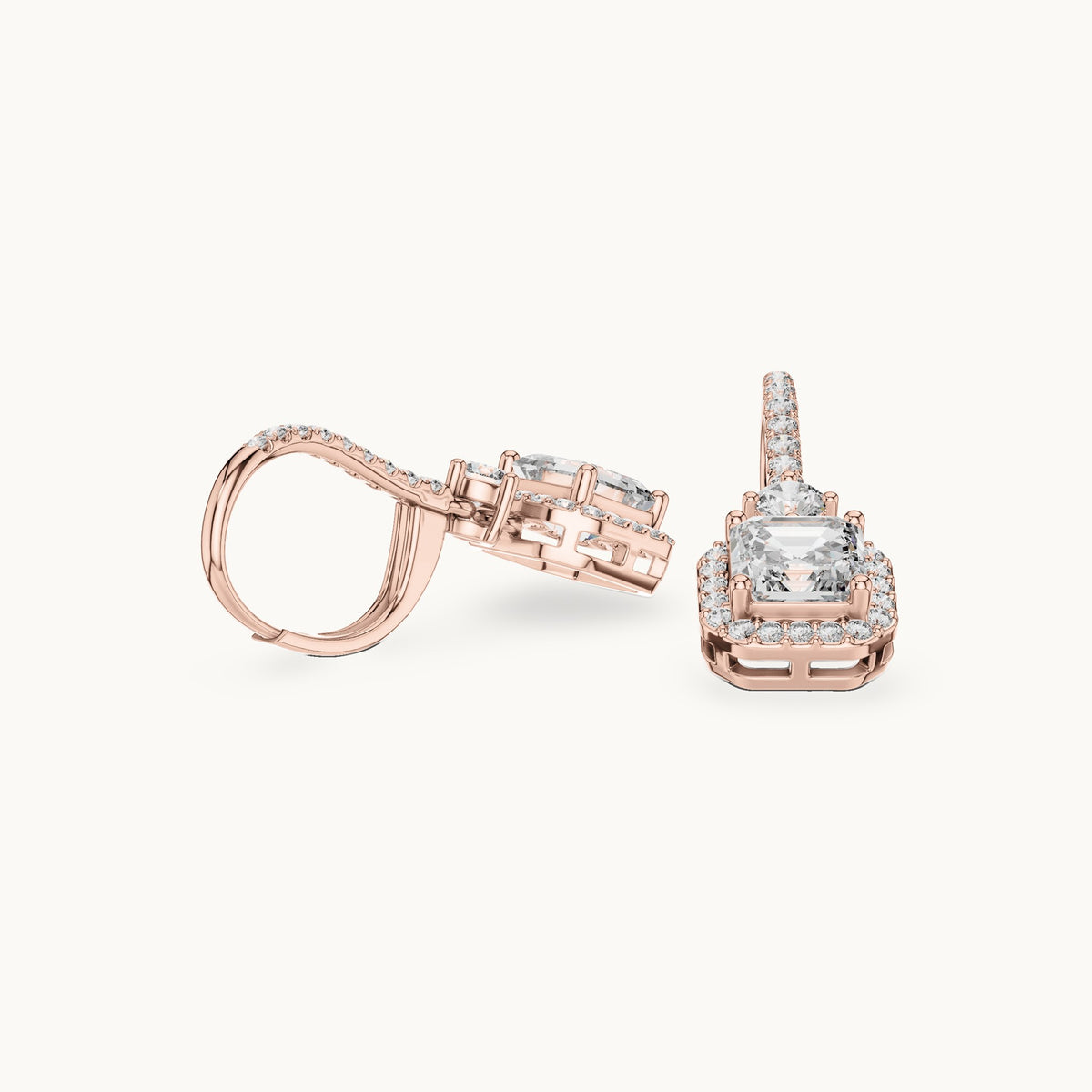 Asscher-cut and round lab-grown diamond double halo drop earrings in rose gold, 2.598 CT TW, view 1