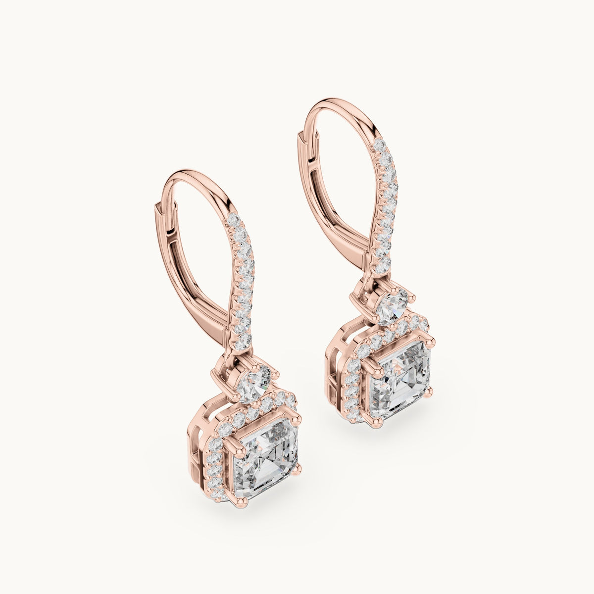 Asscher-cut and round lab-grown diamond double halo drop earrings in rose gold, 2.598 CT TW, view 2