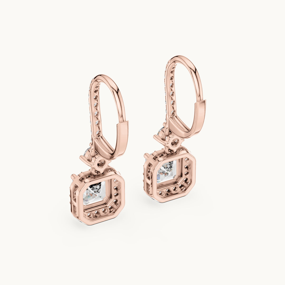 Asscher-cut and round lab-grown diamond double halo drop earrings in rose gold, 2.598 CT TW, view 3