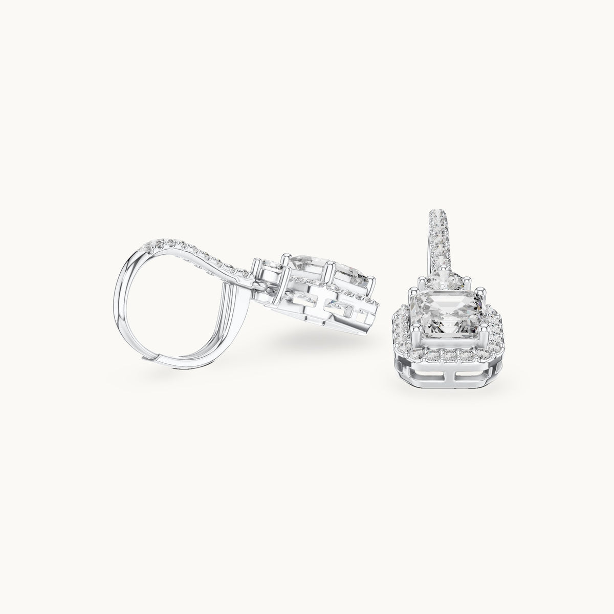 Asscher-cut and round lab-grown diamond double halo drop earrings in white gold, 2.598 CT TW, view 1