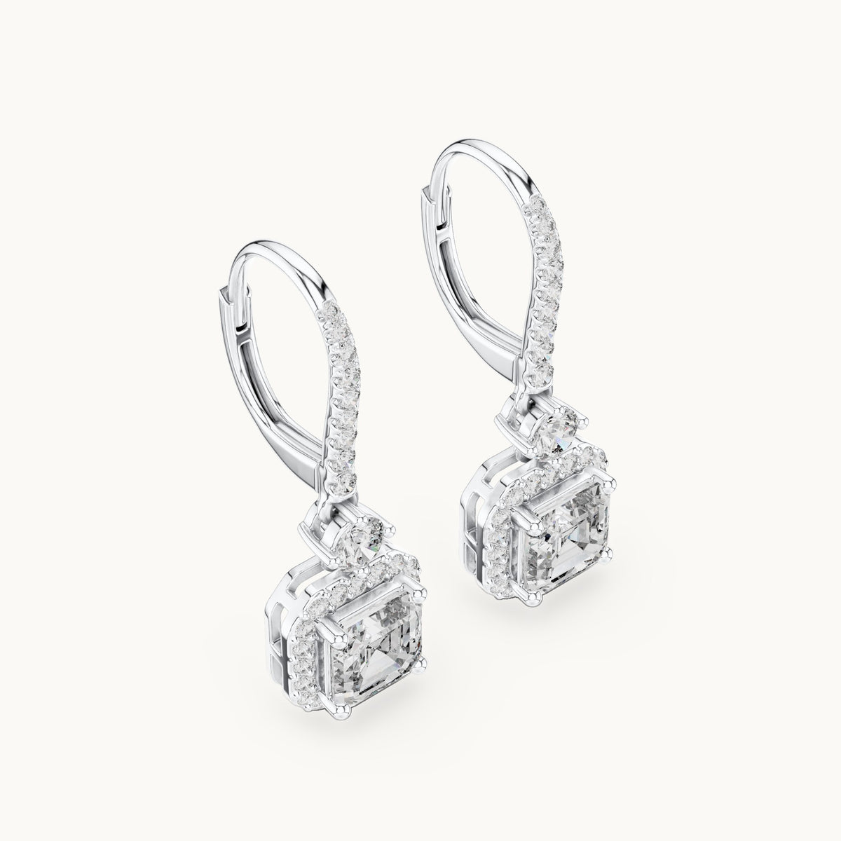 Asscher-cut and round lab-grown diamond double halo drop earrings in white gold, 2.598 CT TW, view 2