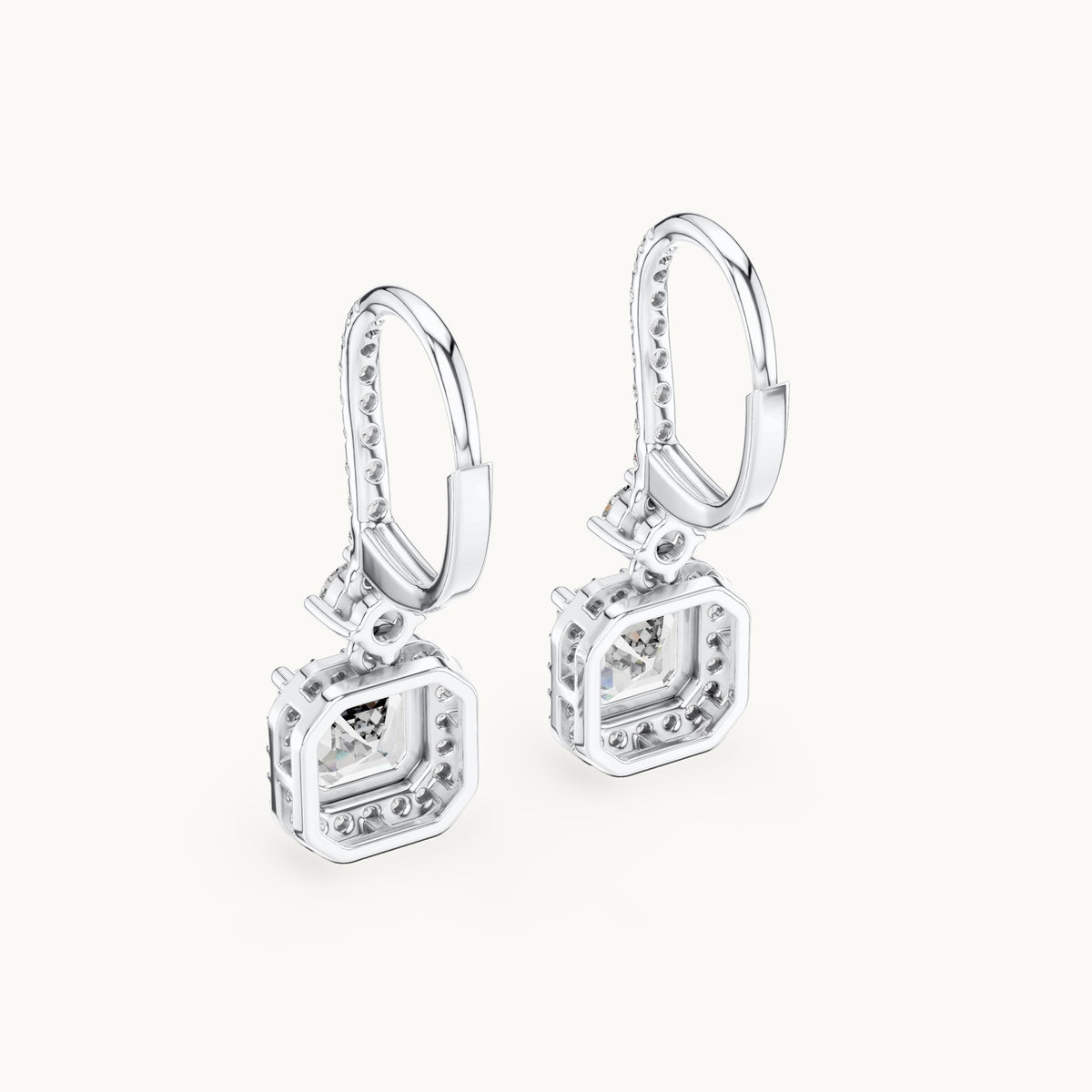 Asscher-cut and round lab-grown diamond double halo drop earrings in white gold, 2.598 CT TW, view 3