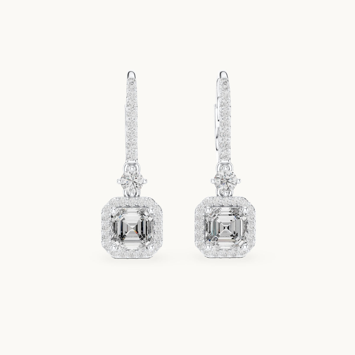 Asscher-cut and round lab-grown diamond double halo drop earrings in white gold, 2.598 CT TW, view 4