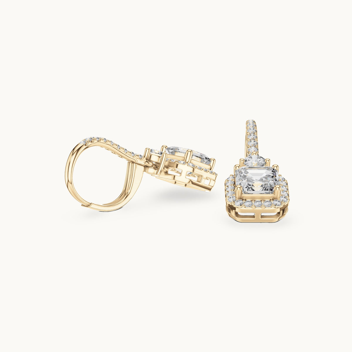 Asscher-cut and round lab-grown diamond double halo drop earrings in yellow gold, 2.598 CT TW, view 1