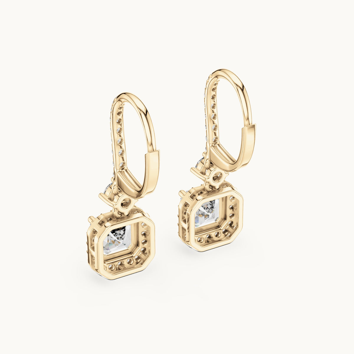 Asscher-cut and round lab-grown diamond double halo drop earrings in yellow gold, 2.598 CT TW, view 3