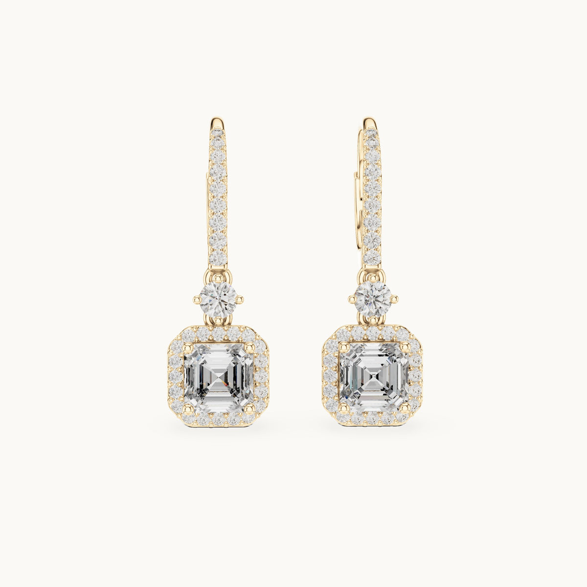 Asscher-cut and round lab-grown diamond double halo drop earrings in yellow gold, 2.598 CT TW, view 4