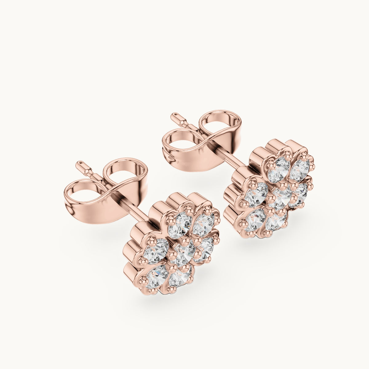 Round lab-grown diamond flower cluster stud earrings in rose gold, 0.51 CT TW, view 2