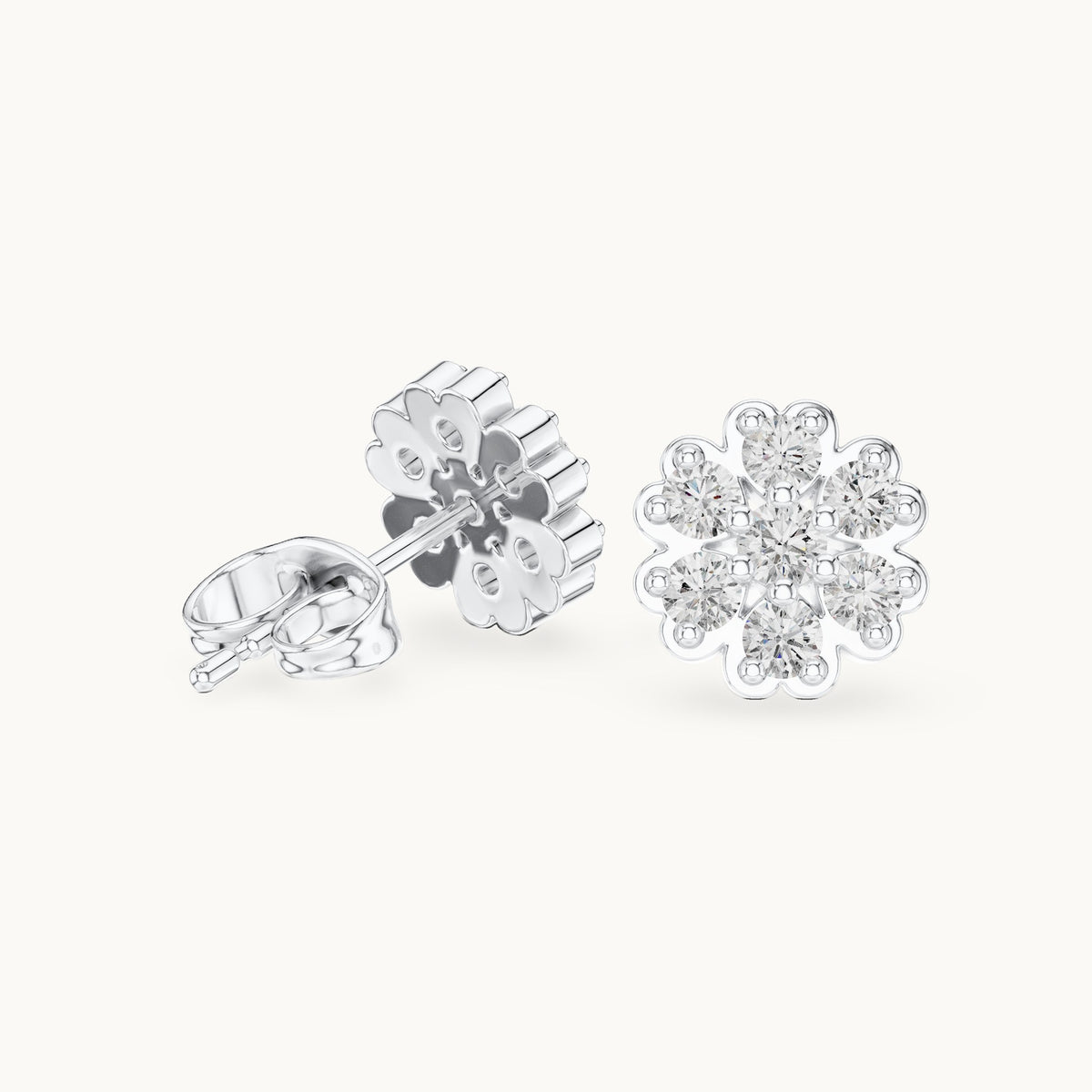Round lab-grown diamond flower cluster stud earrings in white gold, 0.51 CT TW, view 1
