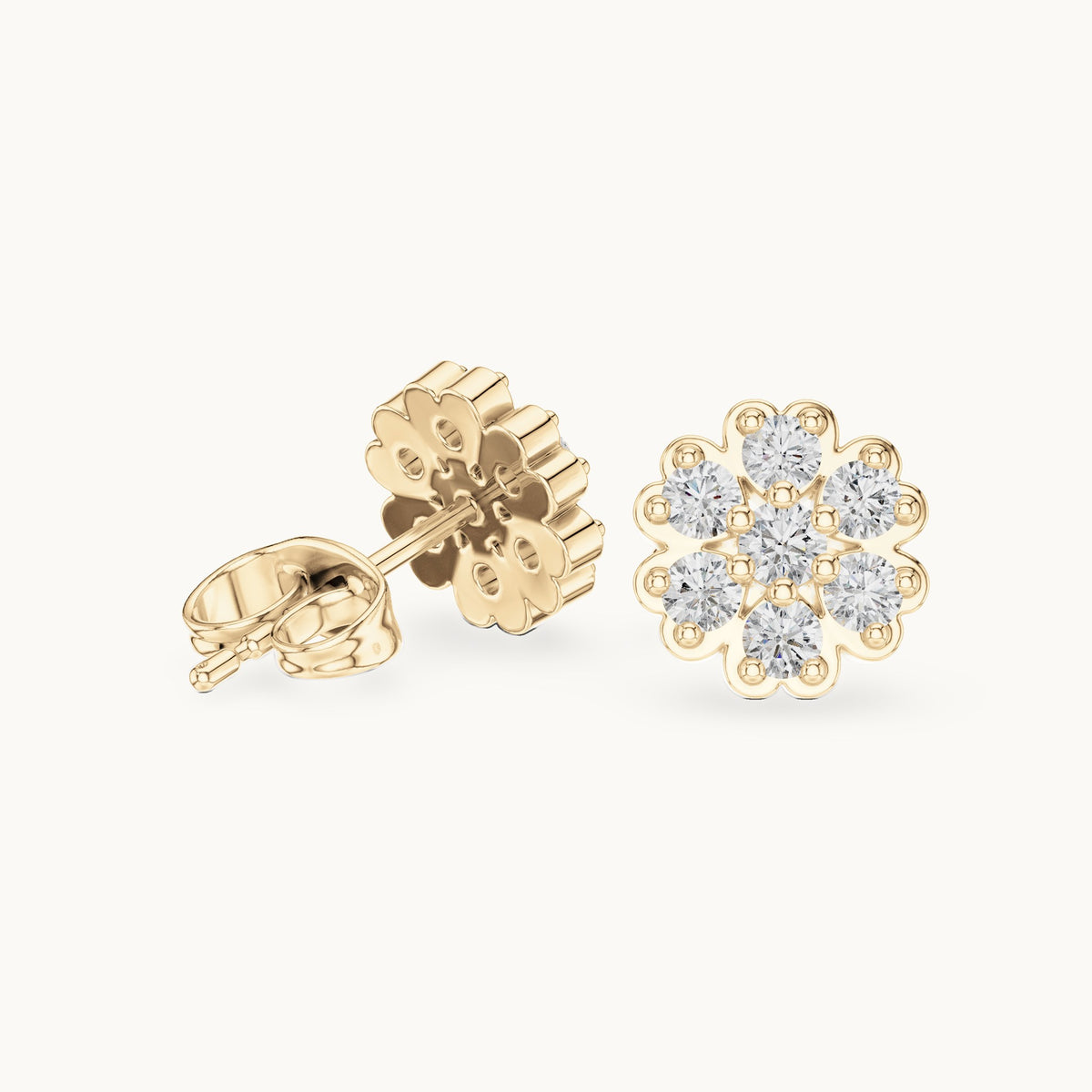 Round lab-grown diamond flower cluster stud earrings in yellow gold, 0.51 CT TW, view 1